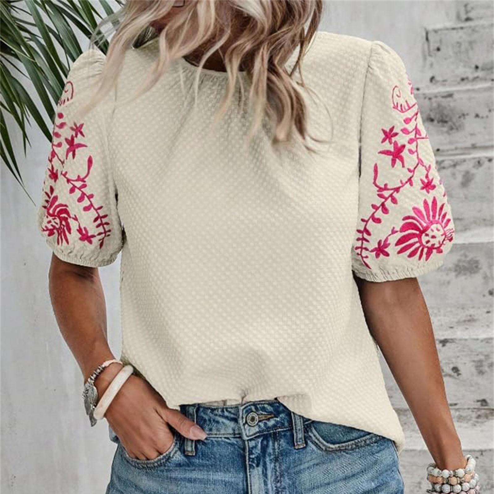 

Женская мода повседневная вышивка круглый вырез Bubble короткий рукав рубашка топ M бежевый