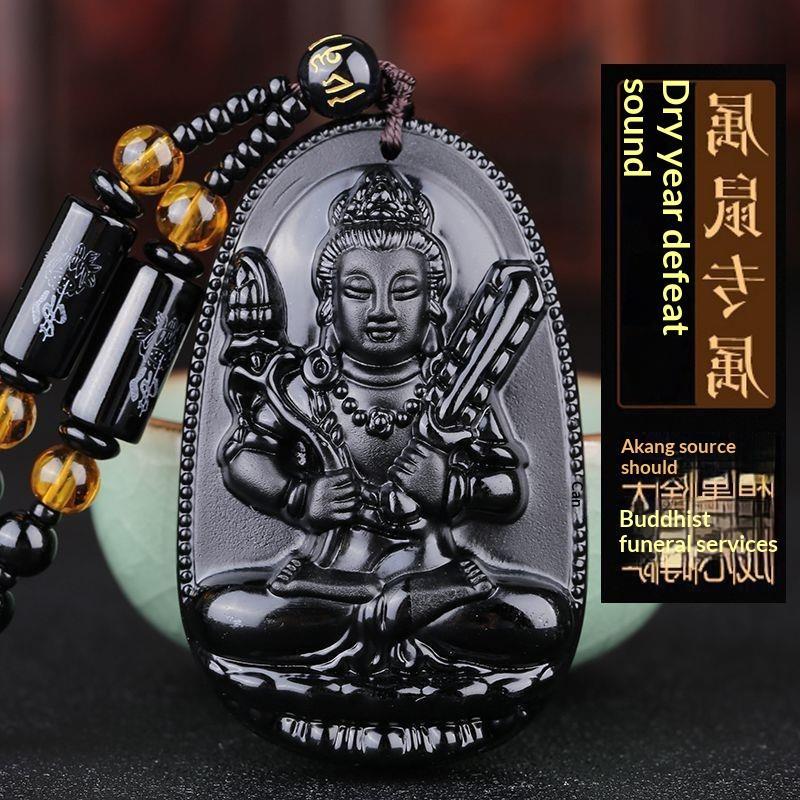 Black Obsidian Buddha Pendant Carved Design Beaded Chain Daily Wear Lucky Gift For Men Women