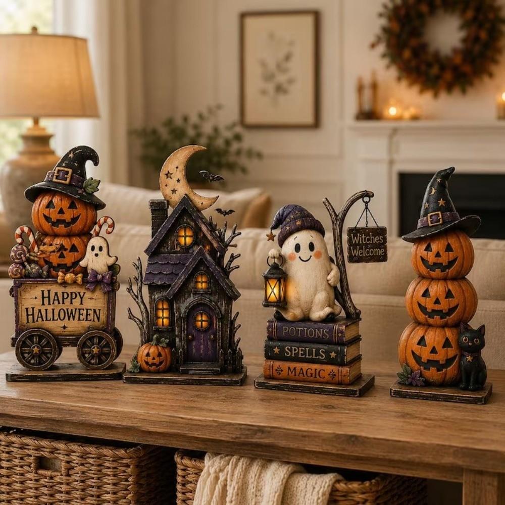 Spooky Wood Haunted House Statue Vintage Stacked Pumpkin Cart Ornament Shelf Decor