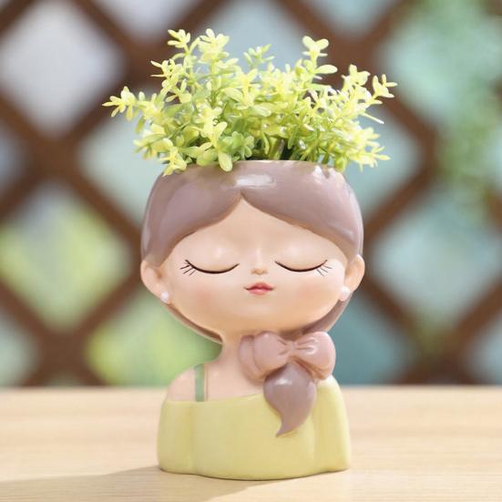 Cute Girl Face Planter, Resin Girl Head Planter, Decorative Small Plant Pot for Succulents Cactus Desk Balcony Decor