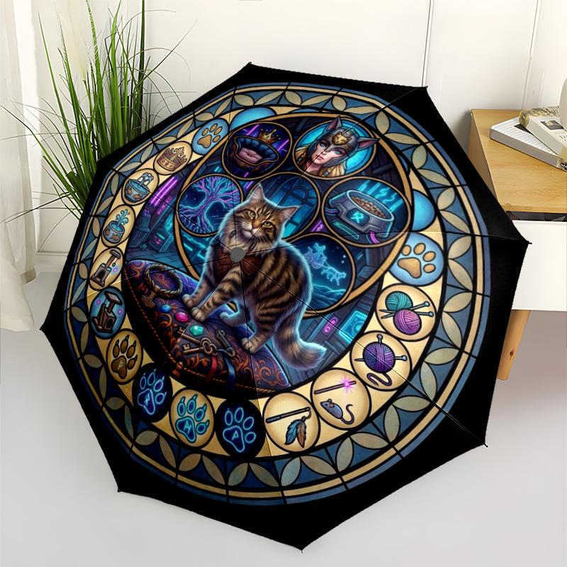 Cat Kingdom Mandala pattern umbrella, portable and foldable design, 8 ribs, a casual accessory for Halloween, Christmas, and birthday gifts.
