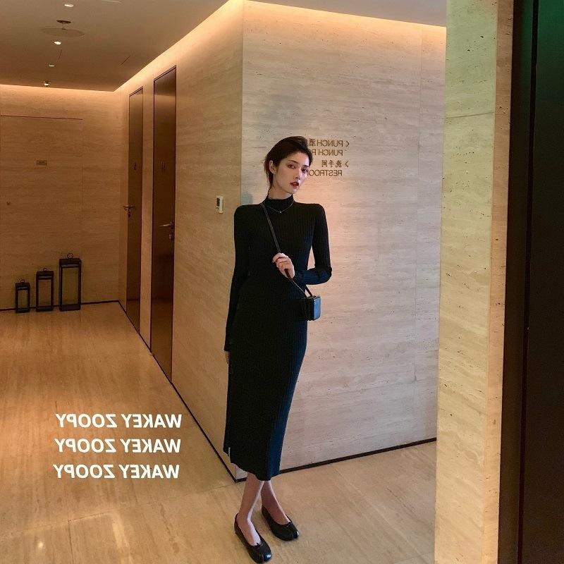 

Temperament knitted dress women s autumn and winter new medium and long waist slim inside with bottom sweater skirt S чёрный