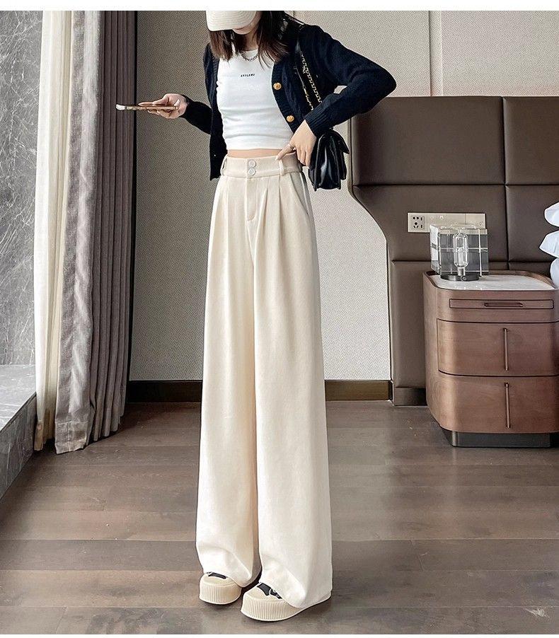 Women's Dark Grey Wide-Leg Cotton Velvet Pants - Korean Style, Autumn/Winter 2026.