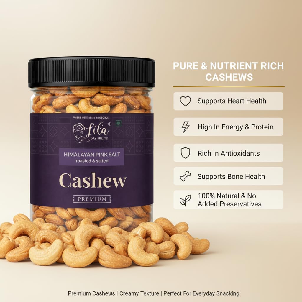 LILA DRY FRUITS Roasted Cashew Nuts 1 kg (500g x 2) Himalayan Pink Salt Flavour | Premium Crunchy Salted Kaju Snack Protein Rich Roasted Dry Frui