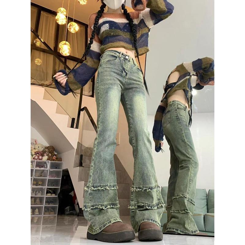 

Американские ретро-джинсы с низкой талией и необработанными краями, микроукороченные женские весенние облегающие эластичные тонкие подковообразные брюки Sense Spice XL синий