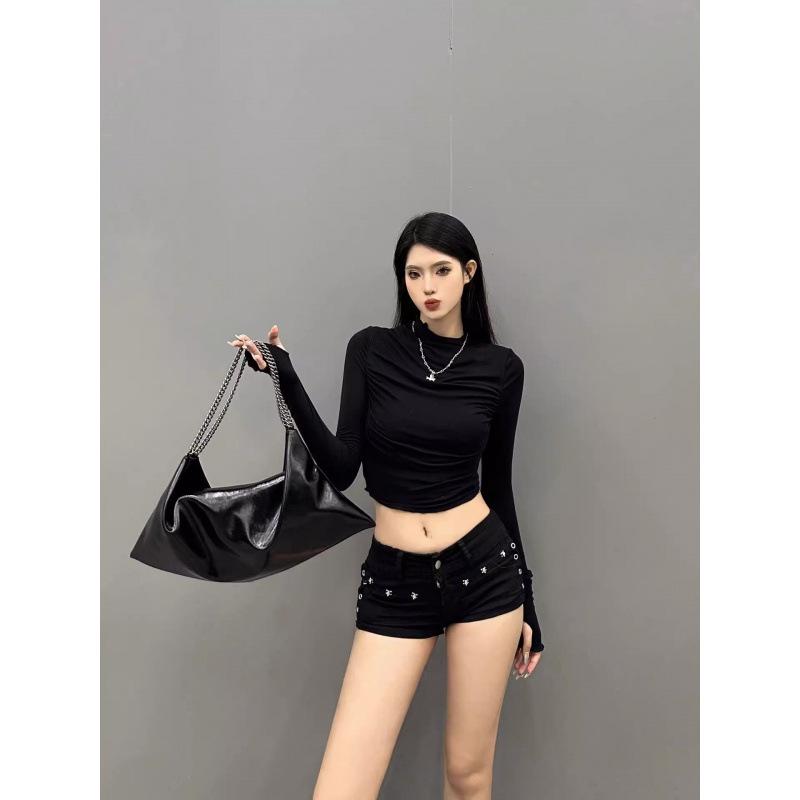 American Low-Rise Spicy Girl Ultra-Shorts - Black Stretchy Skinny Denim, Butt-Hugging Summer Trend Large чёрный