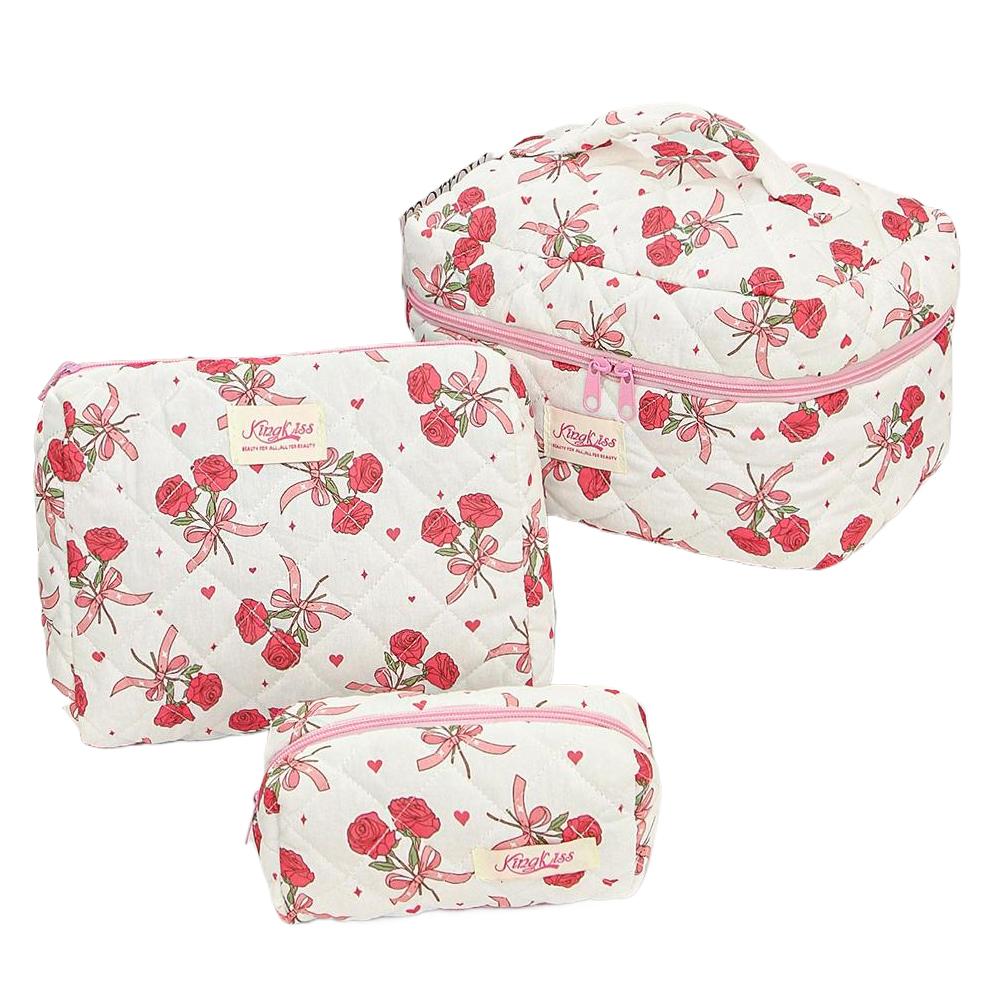 3pcs Cotton Quilted Travel Makeup Bags Large Cosmetic Bags Toiletry Organizer Bags for Women and Girls