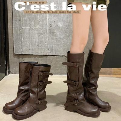 Height-increasing Belt Buckle Square Round Head Pleated Medium Tube Knight Boots Women's Western Pleated Stacked Pants Tube Boots
