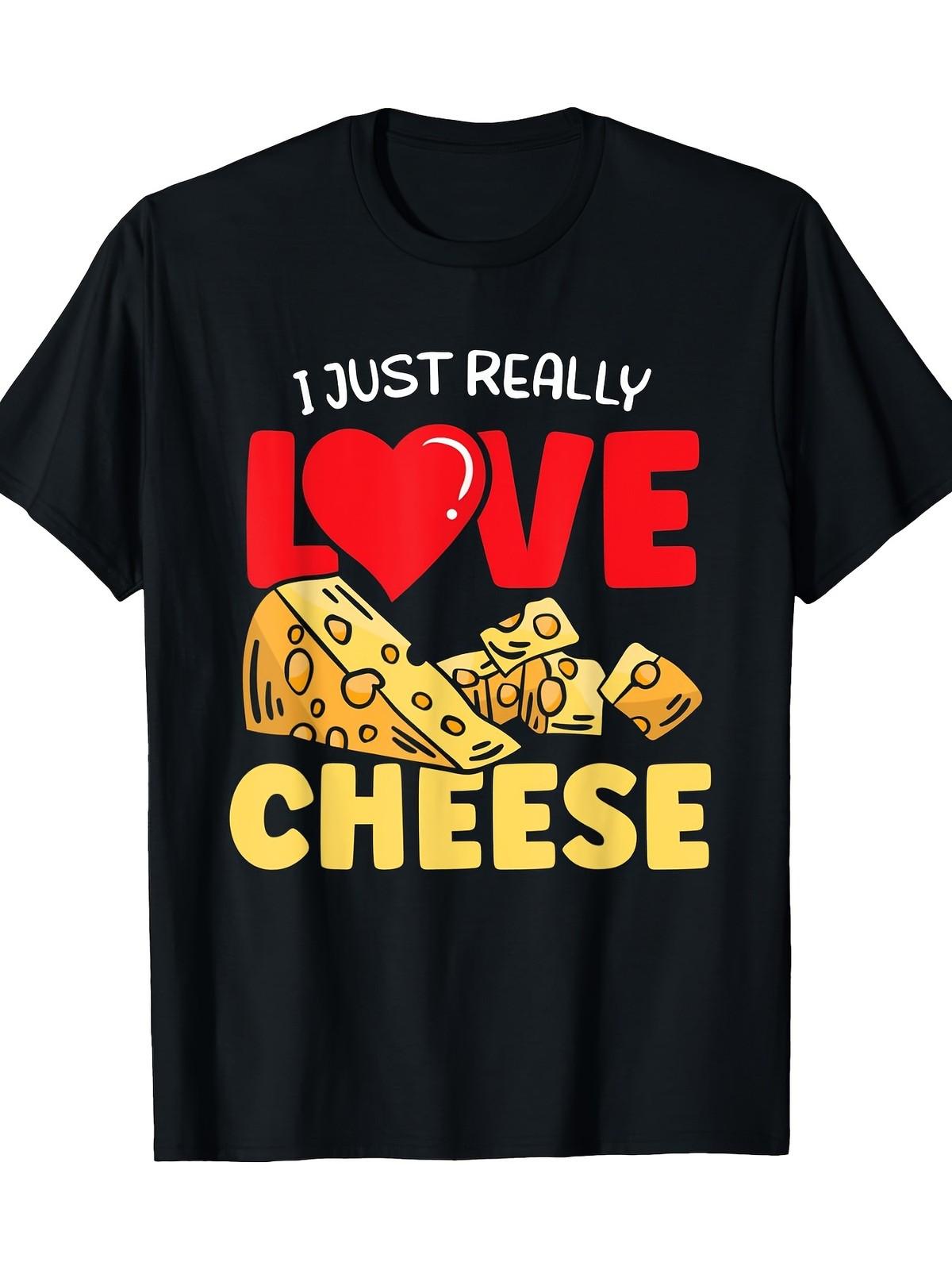 Men S Casual Black Short-Sleeve T-Shirt with I Really Love Cheese Graphic S разноцветный