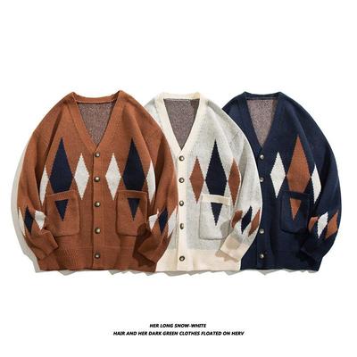 Men's Loose V-Neck Cardigan Sweater - Retro Japanese Style, Thickened for Autumn/Winter, Trendy Knitwear.