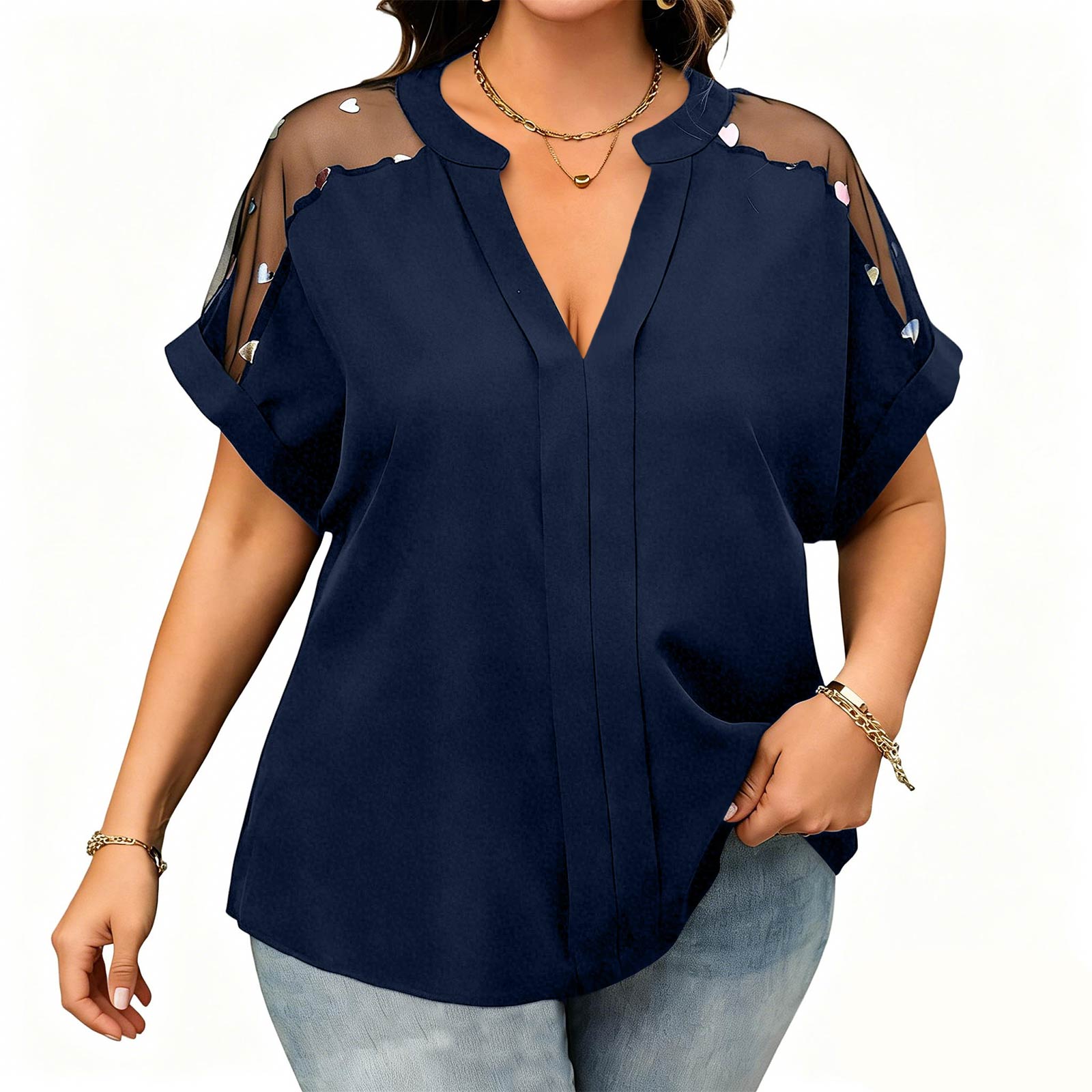 Women s Fashionable Casual Loose-Fit Comfortable V-Neck Mesh Sequin Plus Size Top XL тёмно-синий