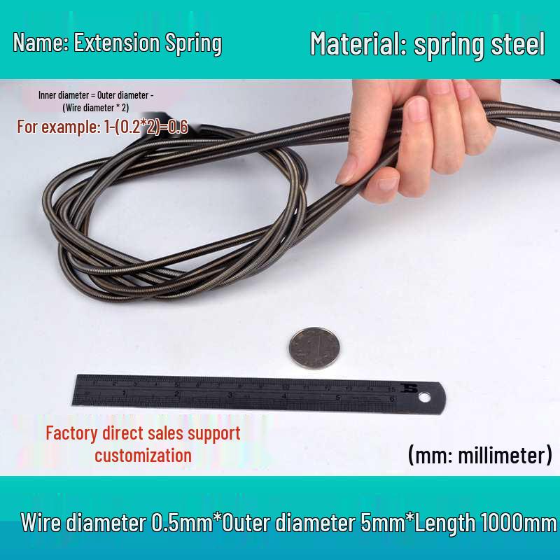 1m Spring Coil Extension with Hook - Strong Tensile Force, Thin Soft Sheath, for Tarpaulins & Sliding Doors