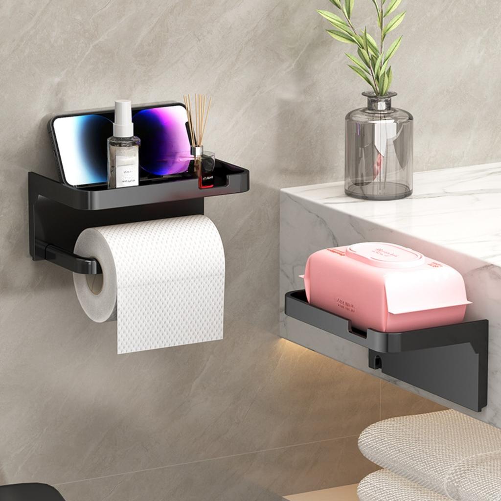 1 Wall Mounted Toilet Paper Holder, with Mobile Phone and Perfume Holder - No Need To Drill, Durable Plastic Bathroom Storage Box