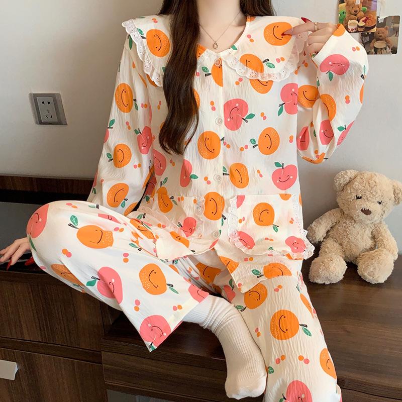 New cartoon lace doll collar cloud cotton long-sleeved pajamas women's spring and autumn winter sweet wind loungewear