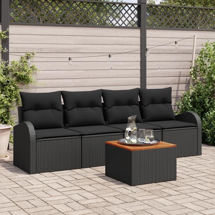 VidaXL Ensemble de canapé de jardin 5 pièces avec coussins Noir Poly Rotin Acacia 3356182