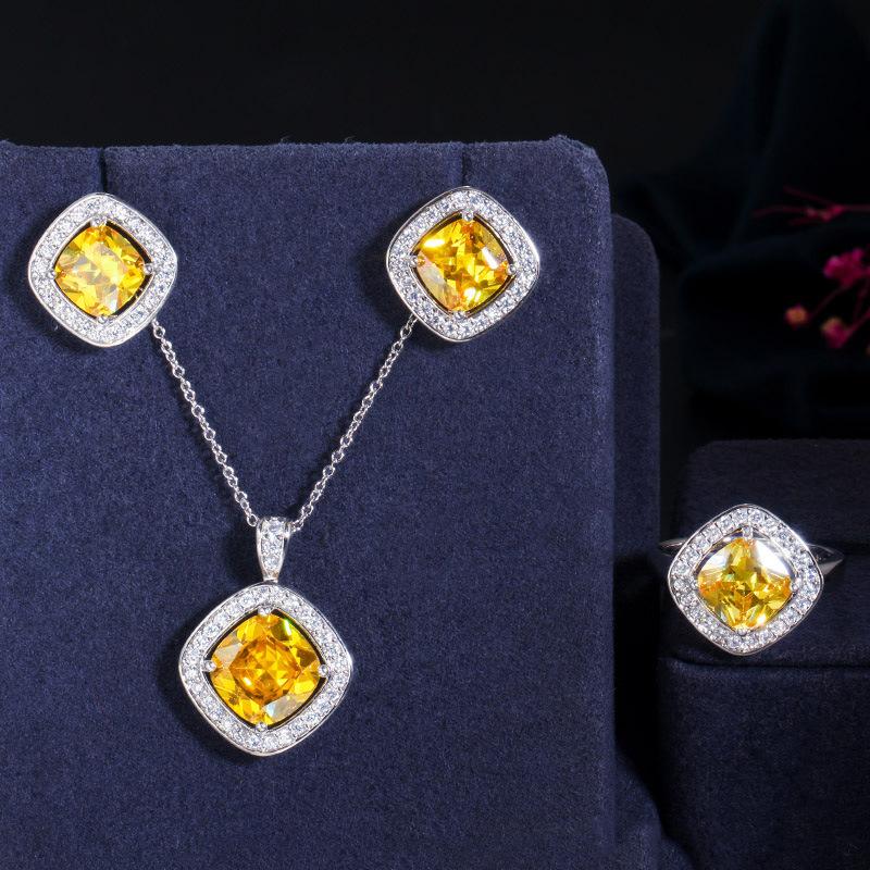 Simple Three-Piece Set Of Micro-Inlaid Zircon Square Earrings, Pendant, Ring Set Chain.