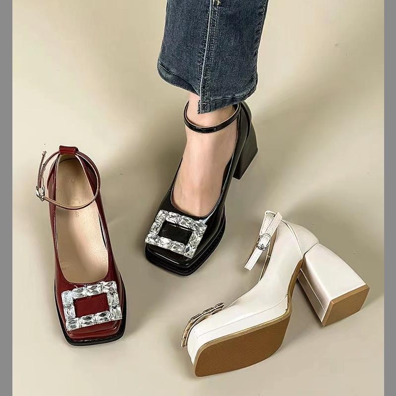 Spot Mary Jane Rhinestone Buckle Platform High Heel Square Toe Shoes for Women, Spring & Autumn 2024.