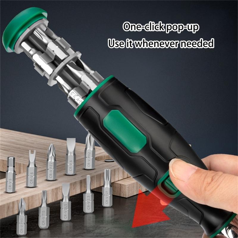 Professional Ratcheting Screwdriver Kit 10 Interchangeable Heads Carbon Steel Construction Ergonomic Grip Design