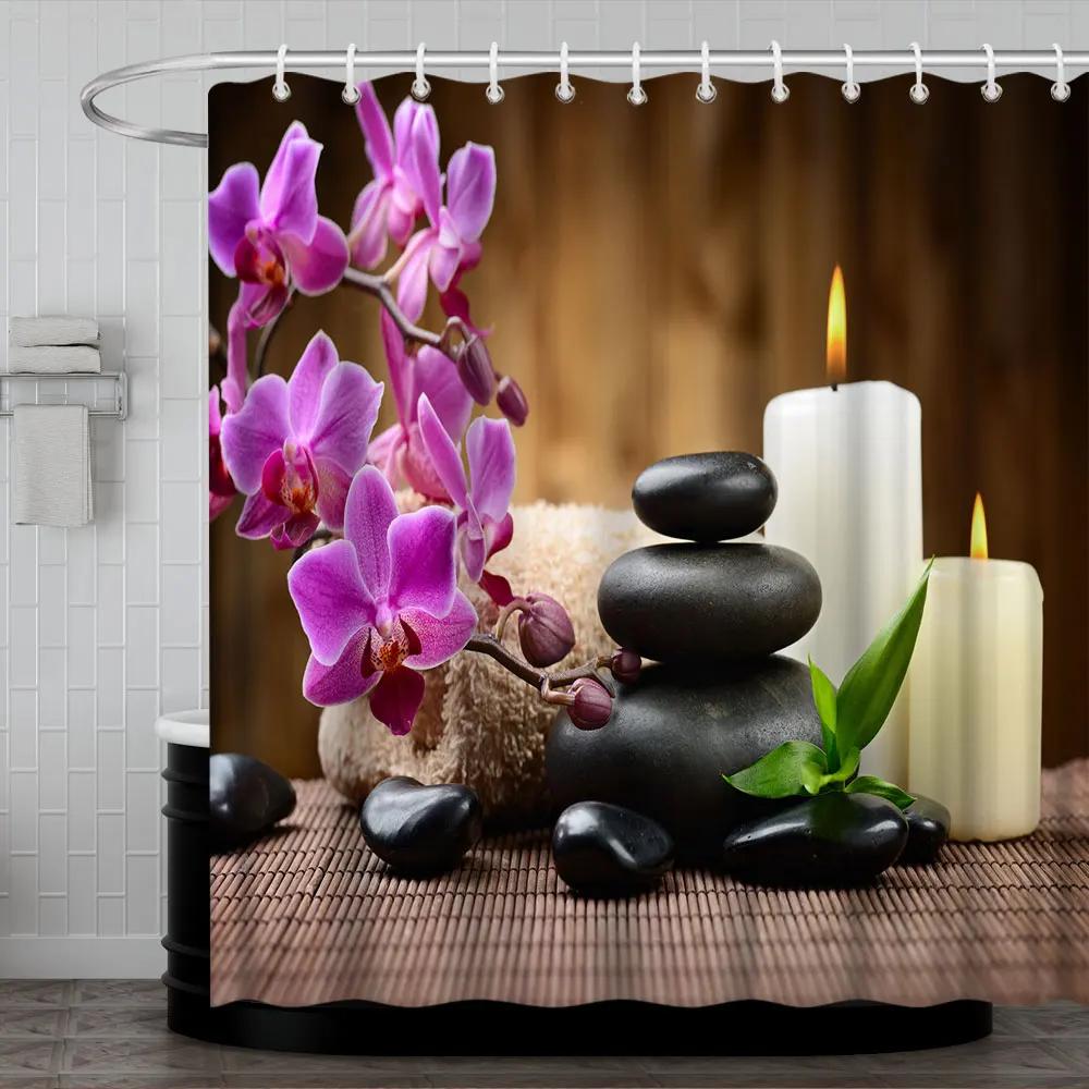 Tenda Doccia Zen da Spiaggia Fiore di Sedum Meditazione Paesaggio Zen Verde Tenda Doccia Impermeabile Set Decorazione Bagno Casa