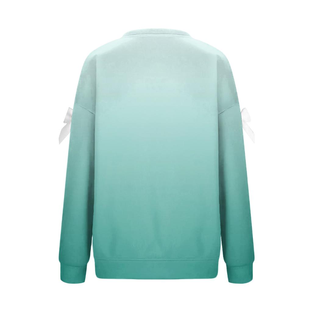 Women's Graduated Print Bow Round Neck Long Sleeve Loose Pullover Sweatshirt T-Shirt