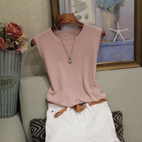 

Summer new women s clothing women s wide shoulder strap round neck white match thin sleeveless ice silk top solid color knitted sweater one size fits all рожевий