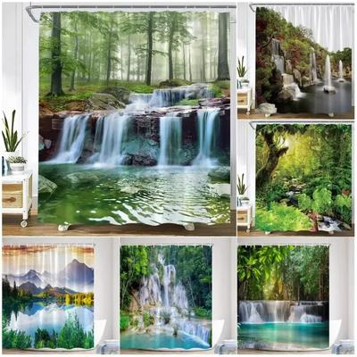 Malerischer Wald Wasserfall Duschvorhang Tropische Dschungelpflanzen Bäume See Natur Landschaft Wandbehang Badezimmer Dekor Vorhänge