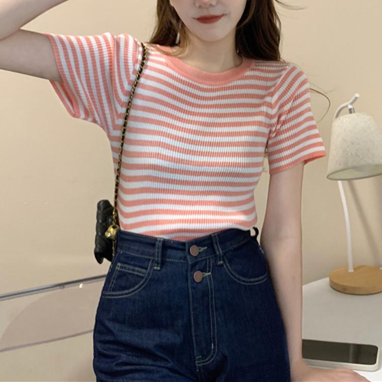Rundhals Kurzarm T-Shirt Damen Sommer Hohe Taille Dünn Dünne Partie Gestreift Slim Kurz Stricktops Lässig Essentiell Slim Fit Pullover Tees