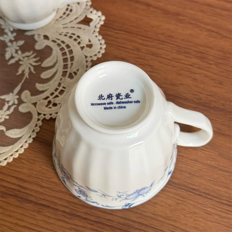 Vintage Blue Small Floral Bone China Cup 250ml - Vertical Pattern Ceramics Coffee Cup ,Tea Cup, Microwave Safe Tableware