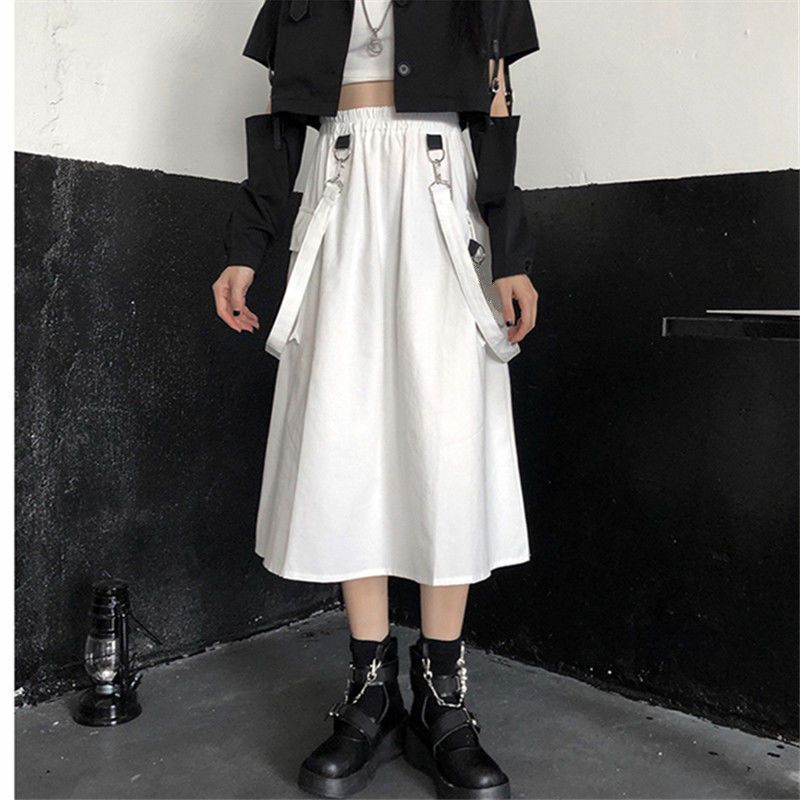 Student Gothic Long Techwear Skirts Women Grunge Punk High Waist Chain Pocket Strap Black Cargo Skirts Goth Harajuku Streetwear