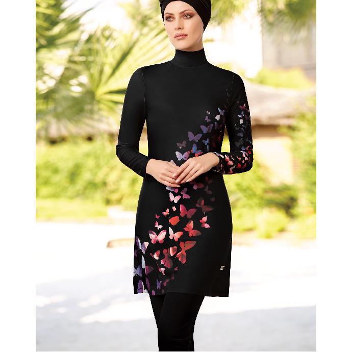 2-piece Muslim Women's Modest Tropical Rainforest Print Seaside Swimwear Full Coverage Swimsuit Set Beachwear Burkini Swimsuit Set (Without
