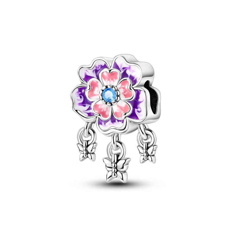 Pink Color Series Charms Beadscopper Cute Girl Pink Dangle Flower Heart Shape Pendant Fit Bangle Bracelet Necklace Jewelry