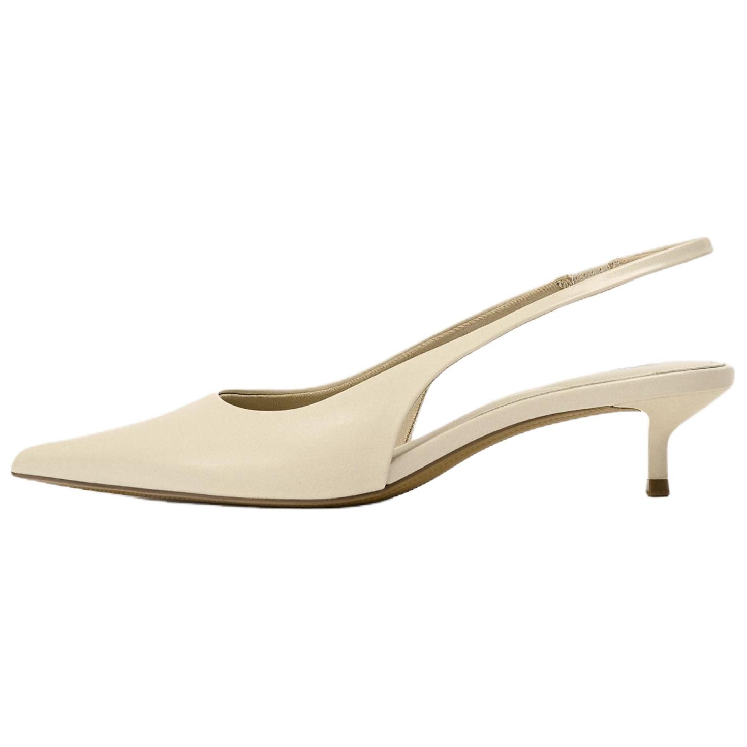 ZARA Leather Pointed Toe Slingback Kitten Heels Beige Womens 1224051000238 42