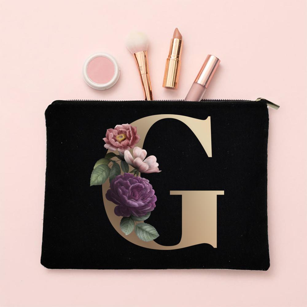Alphabet Floral Makeup Bag Bridesmaid Maid of Honor Holiday Wedding Bachelorette Party Gift Canvas Cosmetic Zipper Storage Pouch