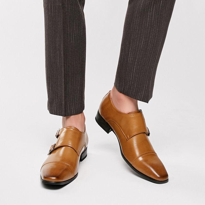 Fashion Luxury Mens Dress Shoes Pointed Toe Cow Leather Buckle Monk Strap Casual Business Wedding Shoes for Men Black Brown