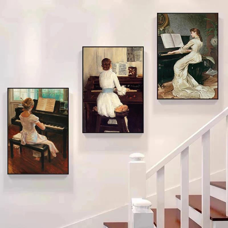 Vintage Play Piano Girls Aesthetic Canvas Painting Posters and Prints Wall Art Picture For Living Room Decoration