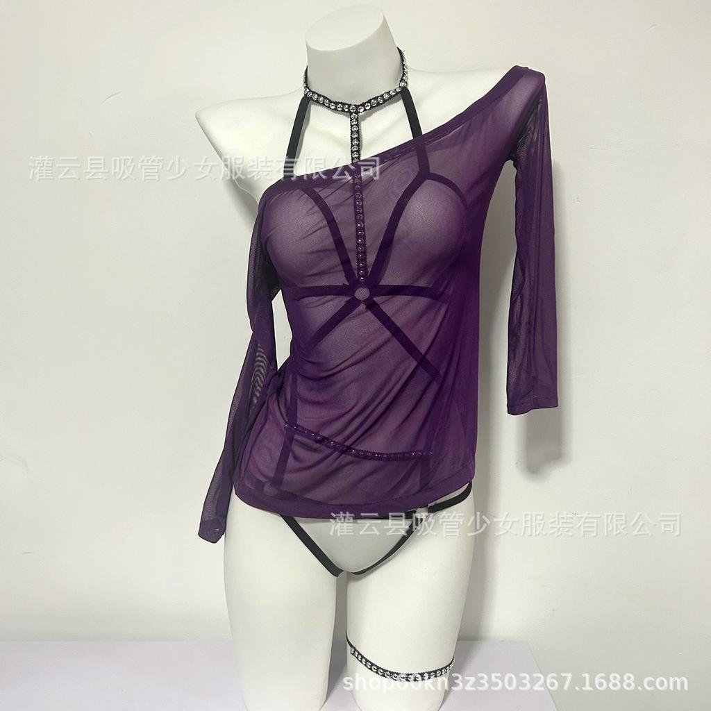 Sexy Underwear, Sexy Suspenders, Tight Rivets, Three-point Mesh See-through One-word Shoulder Skirt