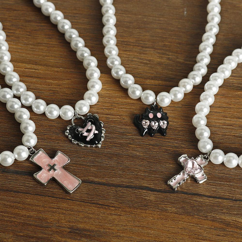 Heart Cross Faux Pearl Necklace, Delicate Stackable Sweet Clavicle Chain