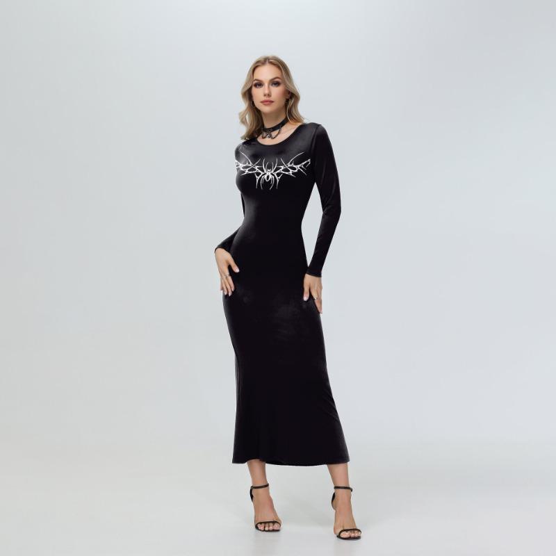 Halloween skirt spring and autumn long-sleeved dress digital printing dark wind long dress women