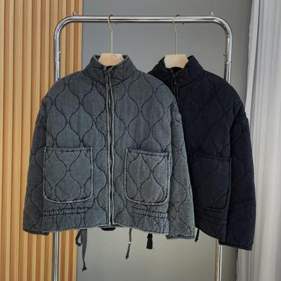 Autumn/Winter European & American Stand Collar Zipper Jacket with Large Pockets & Tie, Women's Long Sleeve Washed Cotton Coat