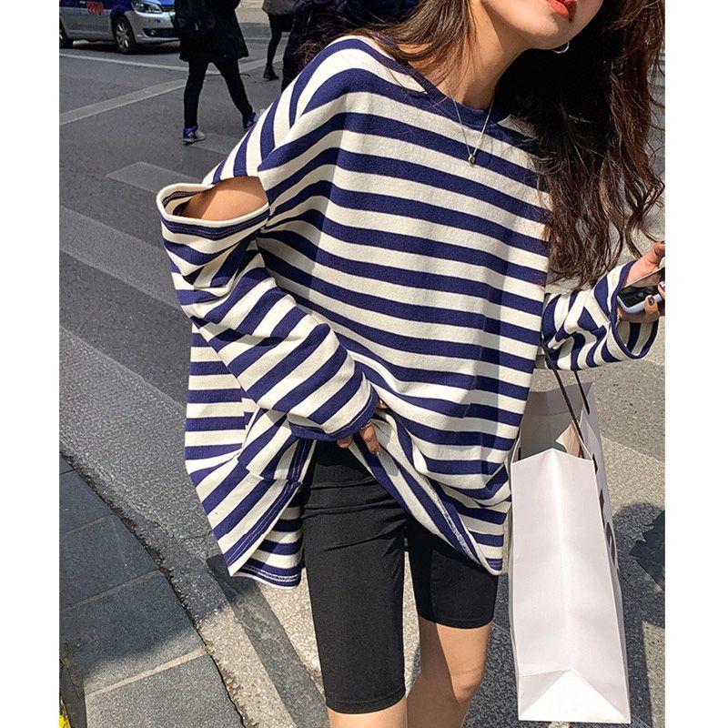 

Топ без бретелек, нишевый, свободный, большого размера, верхняя одежда, с длинными рукавами Blue Stripe 2XL