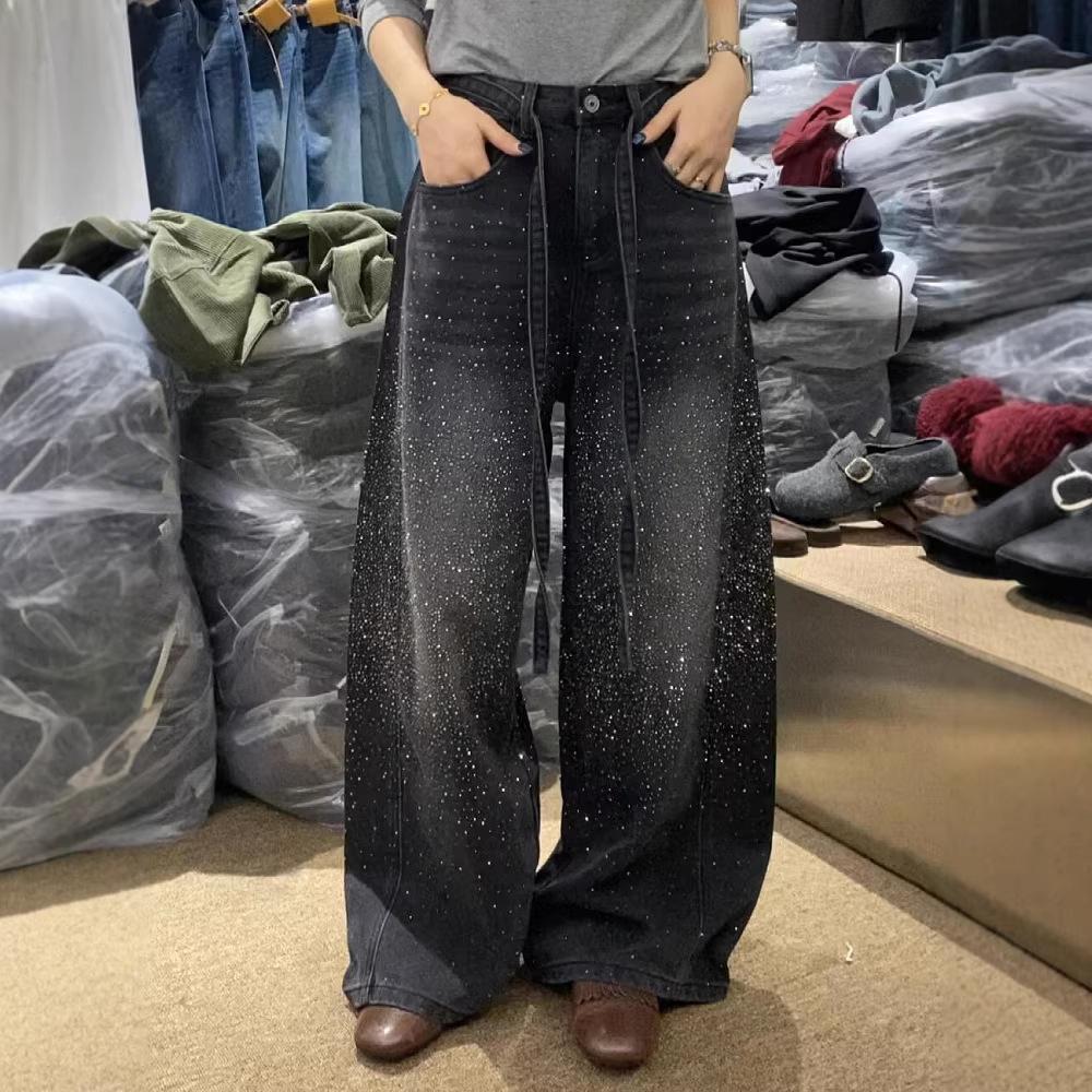 Glittering Rhinestone Denim Pants Women's Jeans New Wide Leg Design Sensation Floor-Length Pants Loose Jeans
