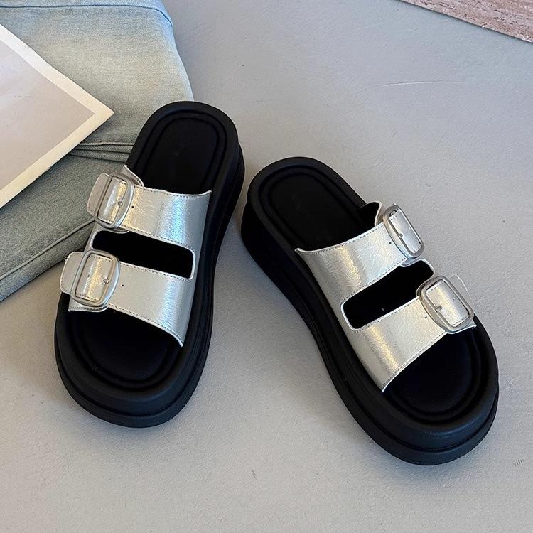 Platform slippers women's summer wear new belt buckle open-toed casual beach shoes muffin bottom one-word sandals