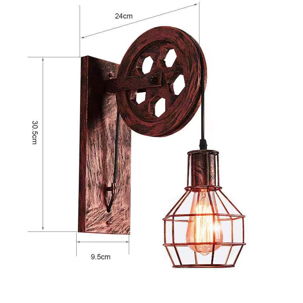 Industrial Retro Iron Art Wall Lamp with Pulley for Restaurants, Corridors, and Hallways