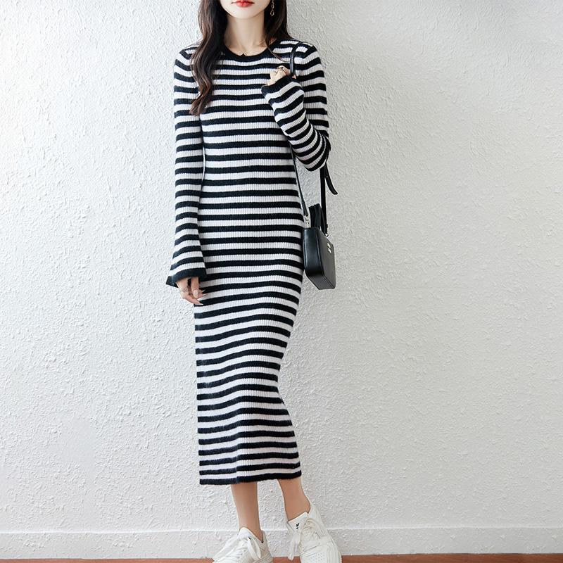 Women Sweater Dress 100% Wool MODERN NEW SAGA O-neck Striped Knit Long Pullover Winter Jumpers Wool Long Dress Female