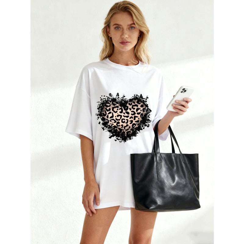 Oversized T Shirt Black Leopard Heart Print Casual Wear For Women Summer Fashion Street Style Top