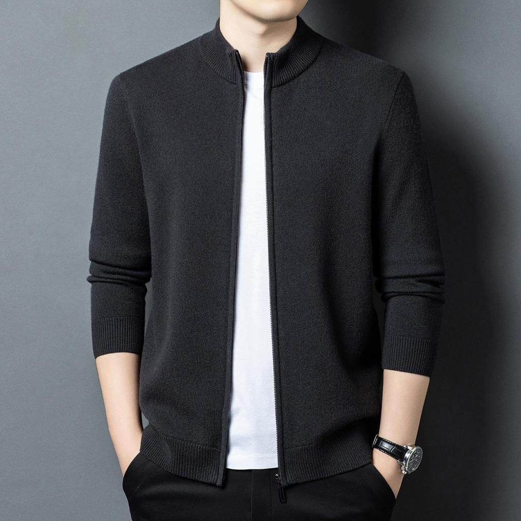 Men's 100% Pure Wool Thickened Knit Cardigan - Zipper Sweater for Autumn & Winter, 600g