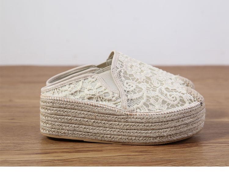 Women's Breathable Mesh Chunky Flat Bottom Shoes Slip on Embroidery Platform Shoes Large Size Casual Shoe White Female Footwear