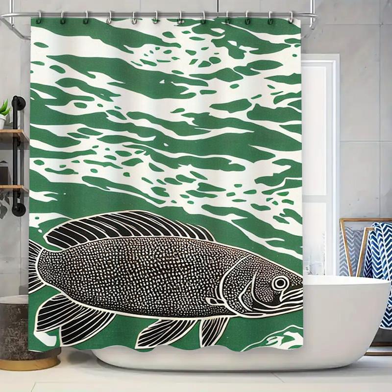 

Modern Boho Style Fish Print Shower Curtain Waterproof Fabric For Bathrooms In Green White Camouflage Design W60H190(CM)-1 Pcs