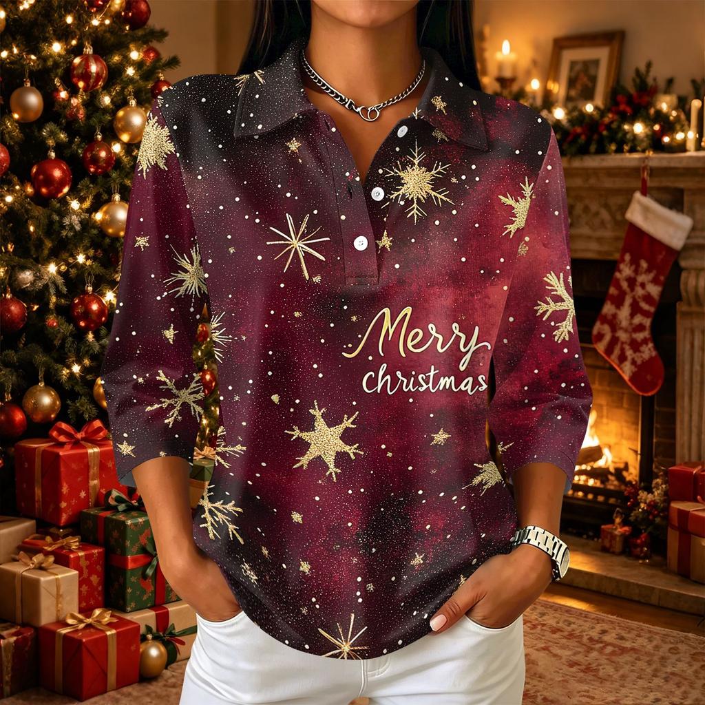 Damen Freizeit Oberteil mit Knopfleiste, Dreiviertelärmel und Kragen mit Weihnachtsdruck