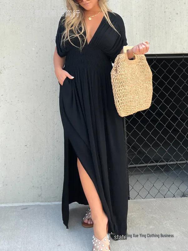 Summer V-neck Batwing Sleeve Elastic Waist Split Long Dress